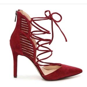 EUC Jessica Simpson Red Burgundy Suede Ankle Strappy Heels Size 8.5